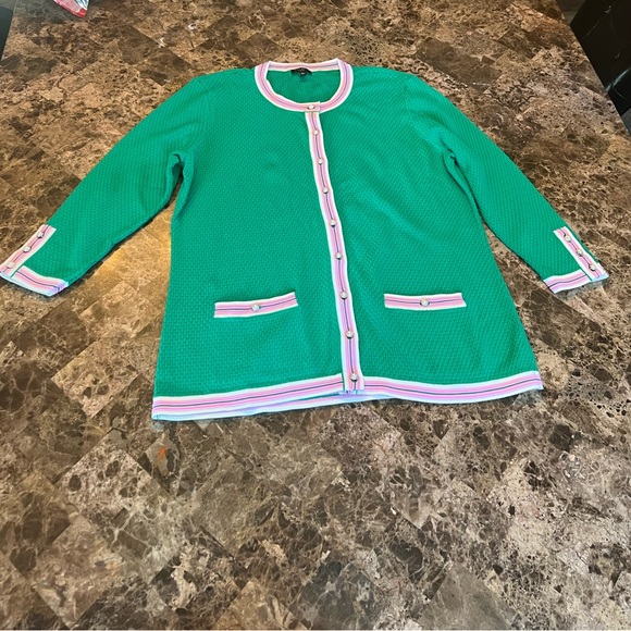 Talbots Kelly Green Sweater Cardigan PinkWhite Trim Pearl Buttons Barbie Core MP - Picture 8 of 14